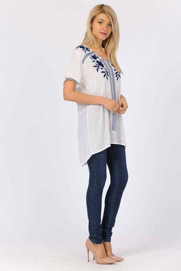 Tunic Top - White/With/Navy Embroidery